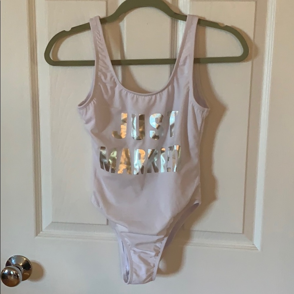 JUST MARRIED white one piece bathing suit